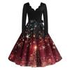 Women's Christmas Printed V-neck Large Hem Dress Long Sleeve Dress