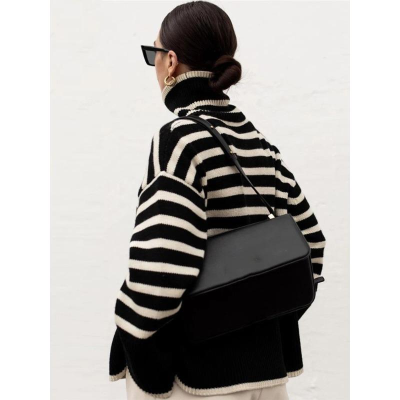Черно-белый полосатый свитер Уличная одежда Женские топы Пуловер Женский джемпер с длинным рукавом Водолазка Трикотажные толстые джемперы в рубчик Свитера женская одежда