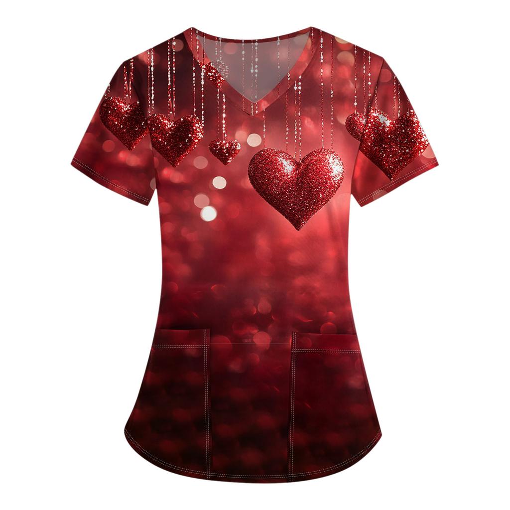 Женский модный комбинезон с коротким рукавом и V-образным вырезом, с карманом, на День святого Валентина, с принтом, топы, одежда