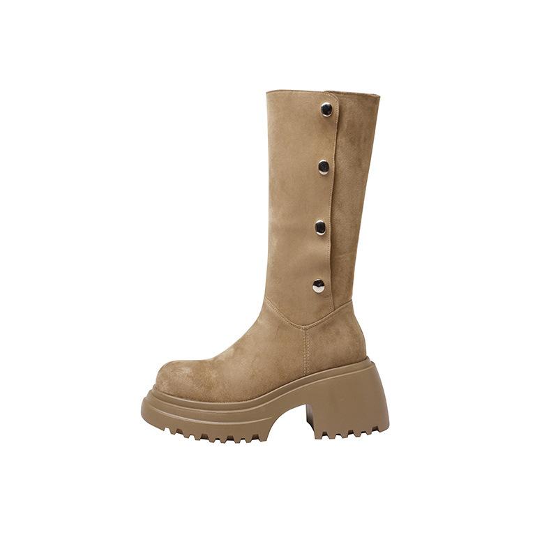 Маленькие сапоги на толстой подошве для осени и зимы с круглым носком и толстым каблуком, увеличивающим высоту ворса, замшевые, с утолщенным мехом, теплые зимние сапоги для женщин