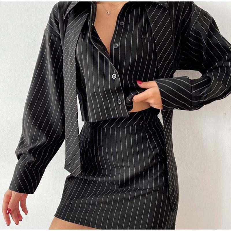 Весна-лето Модный уличный комплект из двух предметов в полоску, женские наряды, элегантная рубашка с длинным рукавом и мини-юбкой с высокой талией, костюм