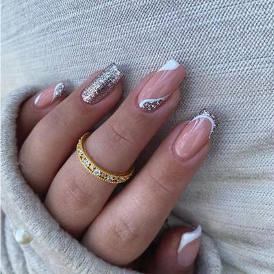 24 шт./компл. быстрые ногти с белым краем, французские блестящие накладные ногти, наклейки, носимые водонепроницаемый маникюр, готовые ногти