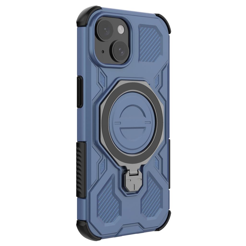 For iPhone 15 Magnetic Case Rotating Metal Kickstand Shockproof PC+TPU Phone Back Cover