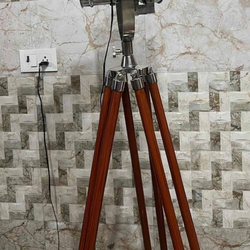 Chrome Finish Black Wood Tripod Floor Lamp - 70 Inch Industrial Nautical Spotlight - Designer Home Decor Searchlight