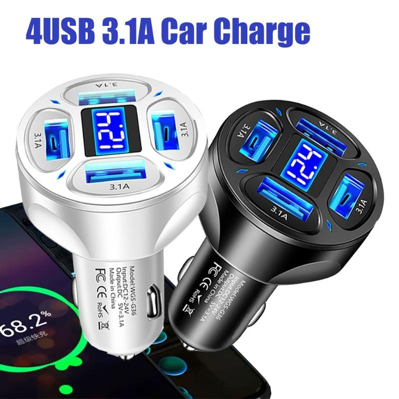 4 In 1 USB Car Charger 3.1A 12-24V Digital Display Car Mobile Phone Charger Adapter Car Charger for IPhone 14 13 Xiaomi Samsung