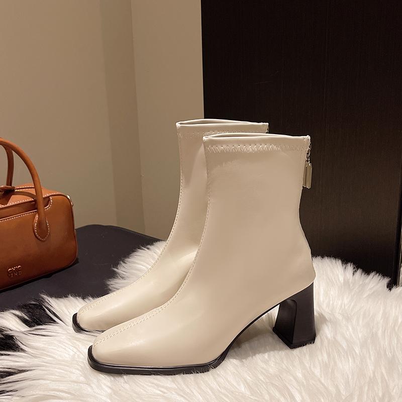 Женские ботильоны на высоком каблуке, сексуальные кожаные туфли с квадратным носком, тренд зимы 2025 года, элегантные офисные туфли, модные туфли-лодочки Botas Mujer