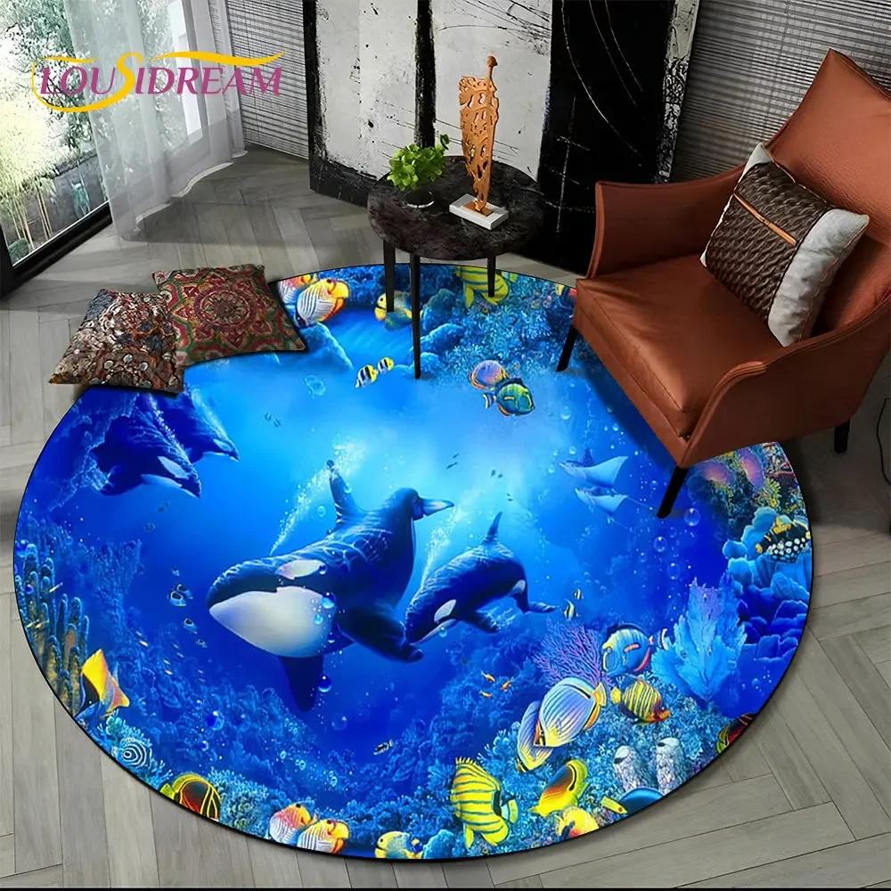 Круглый ковер 3D Иллюзия Морского Дна Дельфин, Коврик с Принтом Подводного Мира Нескользящий для Гостиной, Спальни, Игровой Комнаты, Декора Дома