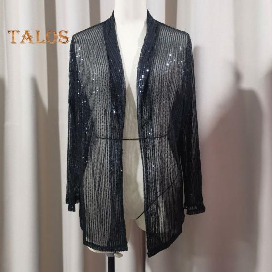 Женский кардиган с пайетками, пальто, блестящий открытый спереди, облегающий однотонный пиджак с длинным рукавом, уличная одежда для вечеринок, клубов, баров, выступлений на сцене
