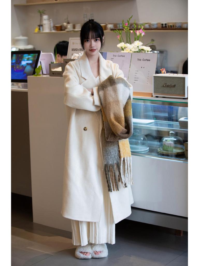 Korean Style Women's Long-Haired Double-Faced Wool Cashmere Cocoon Coat