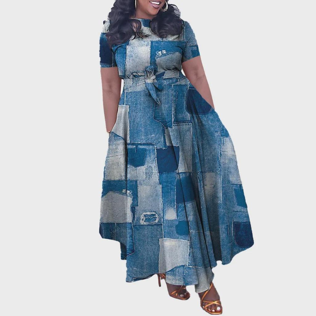 Новое женское платье из африканского кружева 2024 года: Короткие рукава, свободный крой, большие размеры, элегантная мода