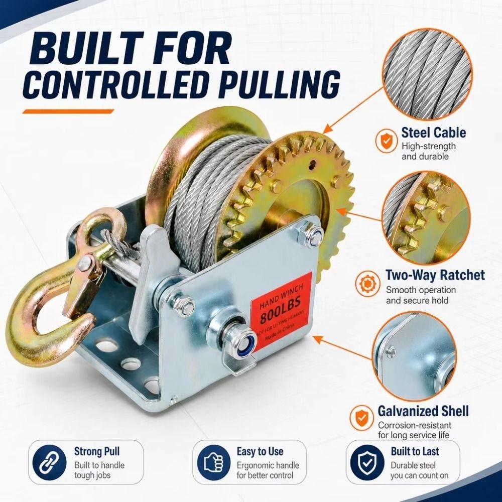 Heavy Duty Manual Winch Two-Way Ratchet Boat Winch Easy Install Cable Hoist Lifting Tool