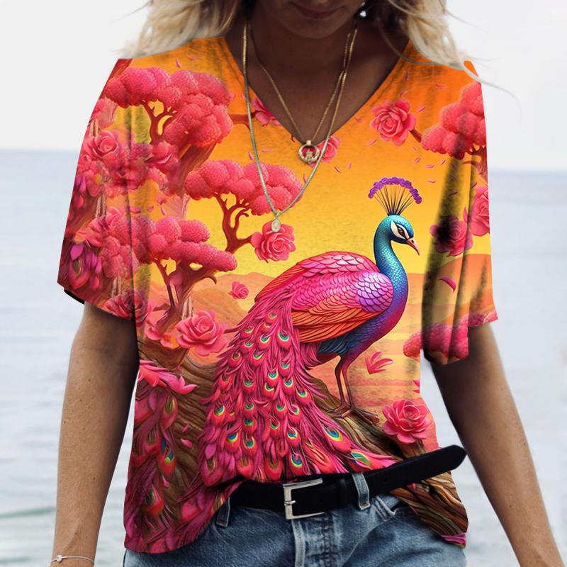 Роскошная женская футболка с рисунком павлина, летняя свободная женская одежда, большая блузка с v-образным вырезом, женские повседневные повседневные футболки с короткими рукавами