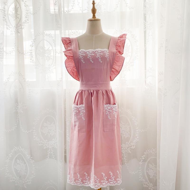 Washed Cotton Linen Lace Kitchen Aprons Flower Shop Garden Ruffles Work Clean Apron for Woman Dress