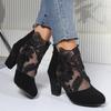 Короткие сапоги на высоком каблуке с кружевной сеткой, женские, импортные, большого размера, в европейском и американском стиле, модные, с круглым носком, на толстом каблуке, римские, классные сапоги, обувь