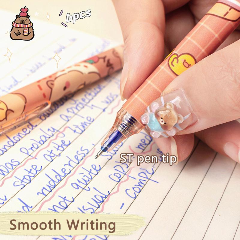 6Pcs Cute Capybara Erasable Pen Blue Ink Writing Smooth Quick-Drying Pens School Office Accessories Students Stationery Gift
