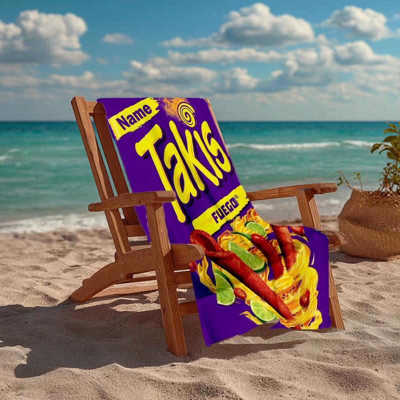 Custom Name Ultra-Soft Beach Towel with Takis Fuego Theme,Ideal for Pool - Camping, Diving - Perfect Travel Essential, Vibrant Beach Towel.