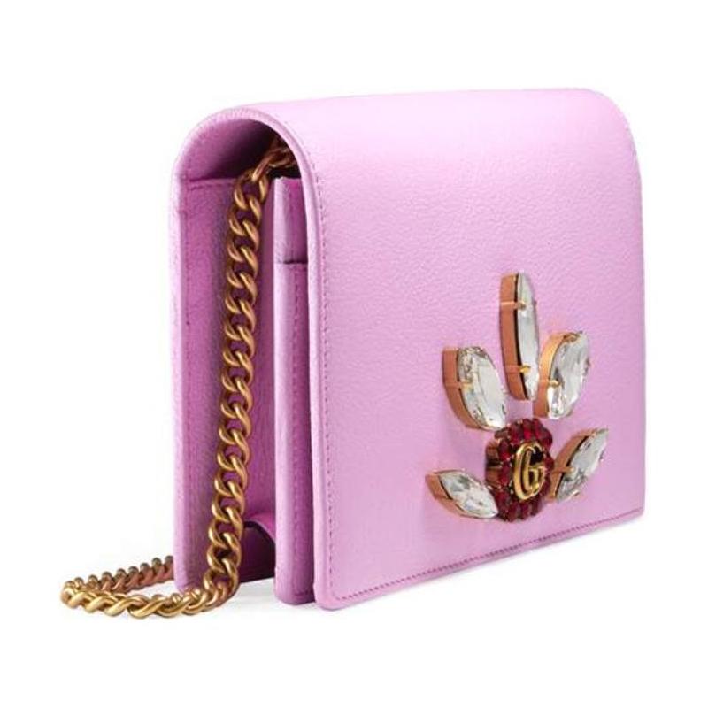Gucci Diamond Logo Chain Leather Wallet Crossbody Shoulder Bag Mini Women Pink Purple