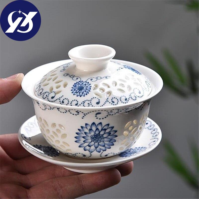 Фарфоровые полые чайные чашки синего и белого цвета, керамическая офисная чайная чаша Kung Fu Gaiwan с крышкой, 160 мл