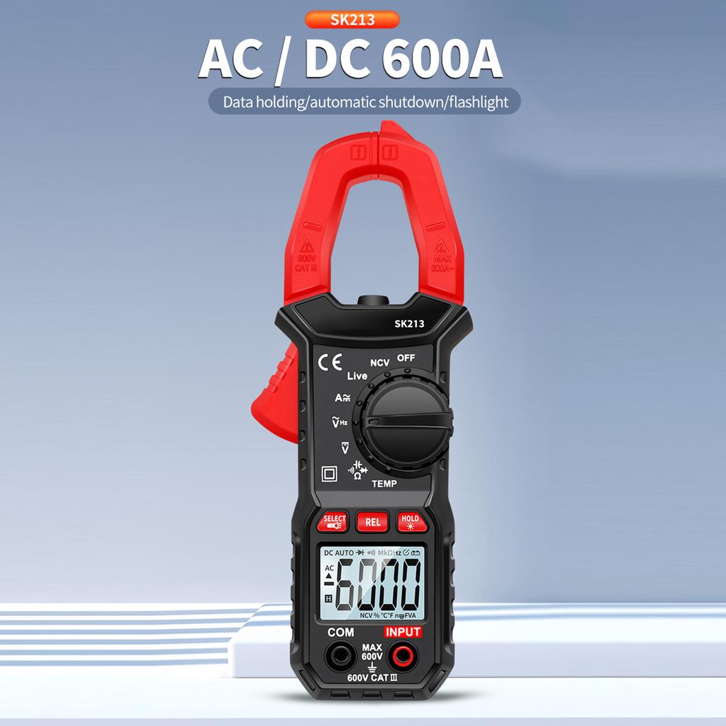 SK213 Digital Clamp Meter Multimeter 6000 Counts AC DC Current Voltage Resistance, Capacitance, Temp, NCV, Diodes,