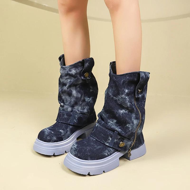 Женские ботинки челси на толстой джинсовой подошве, дизайнерская обувь до середины голени, зимняя мода, хит продаж, универсальные, новые стильные женские ботинки