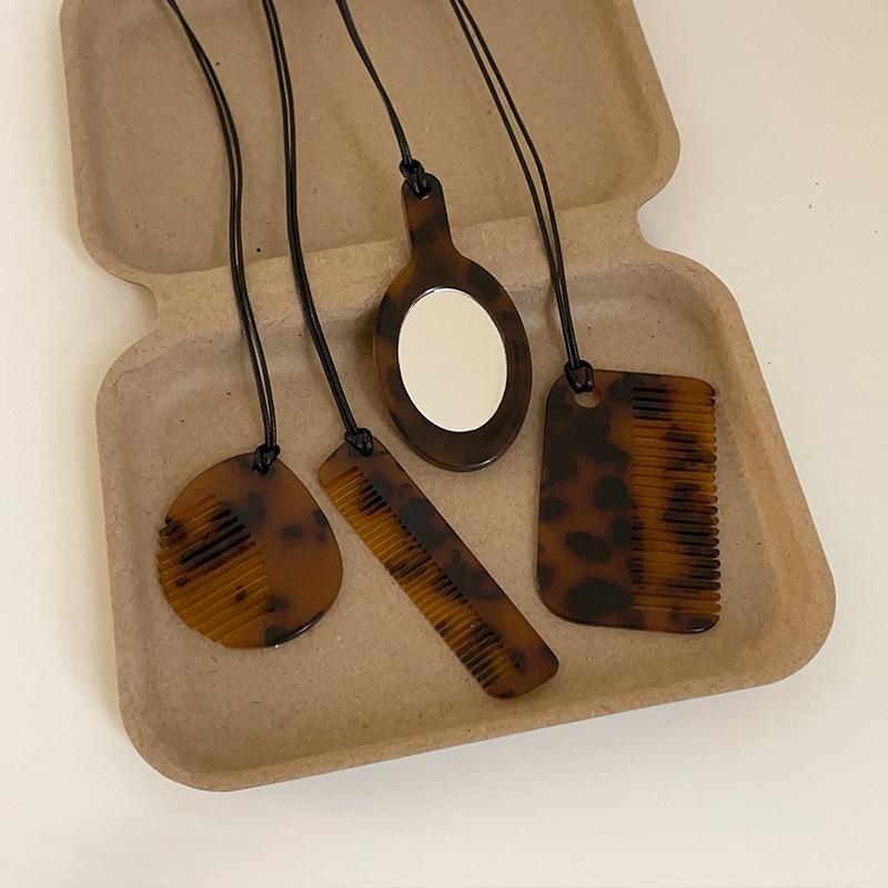 Leopard Print Resin Comb Mirror Pendant Black Rope Necklace Female Niche Retro Personality Fashion Versatile Neck Chain Sweater Chain