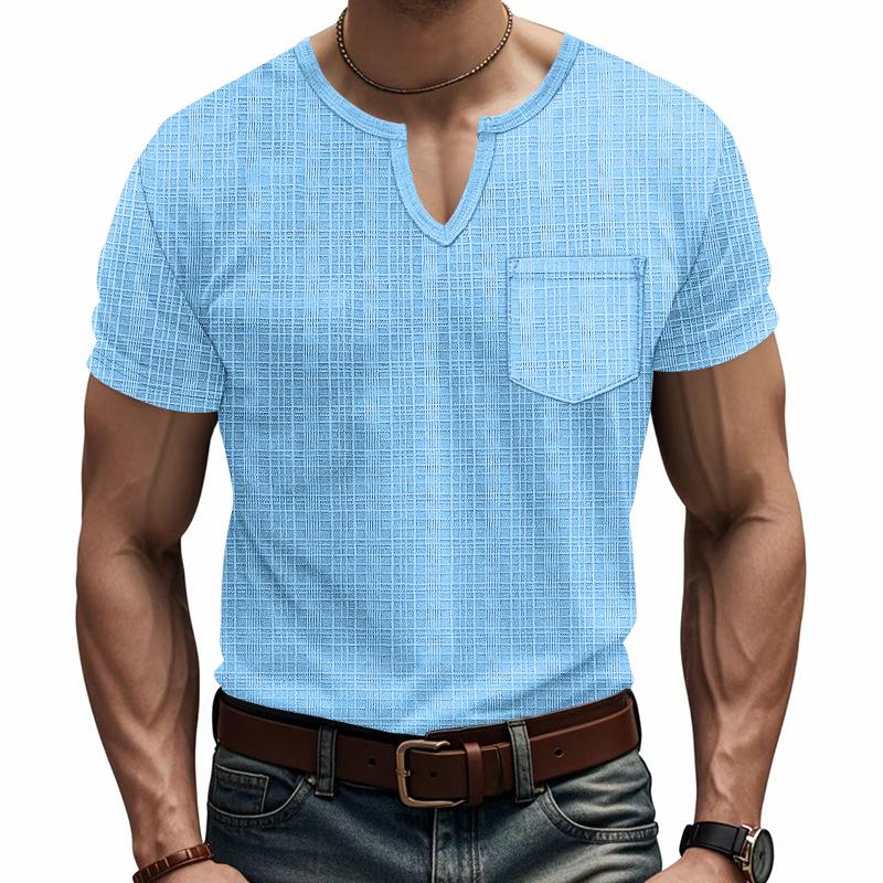 Мужская повседневная футболка-henley с V-образным вырезом, текстурированная, с коротким рукавом и карманом