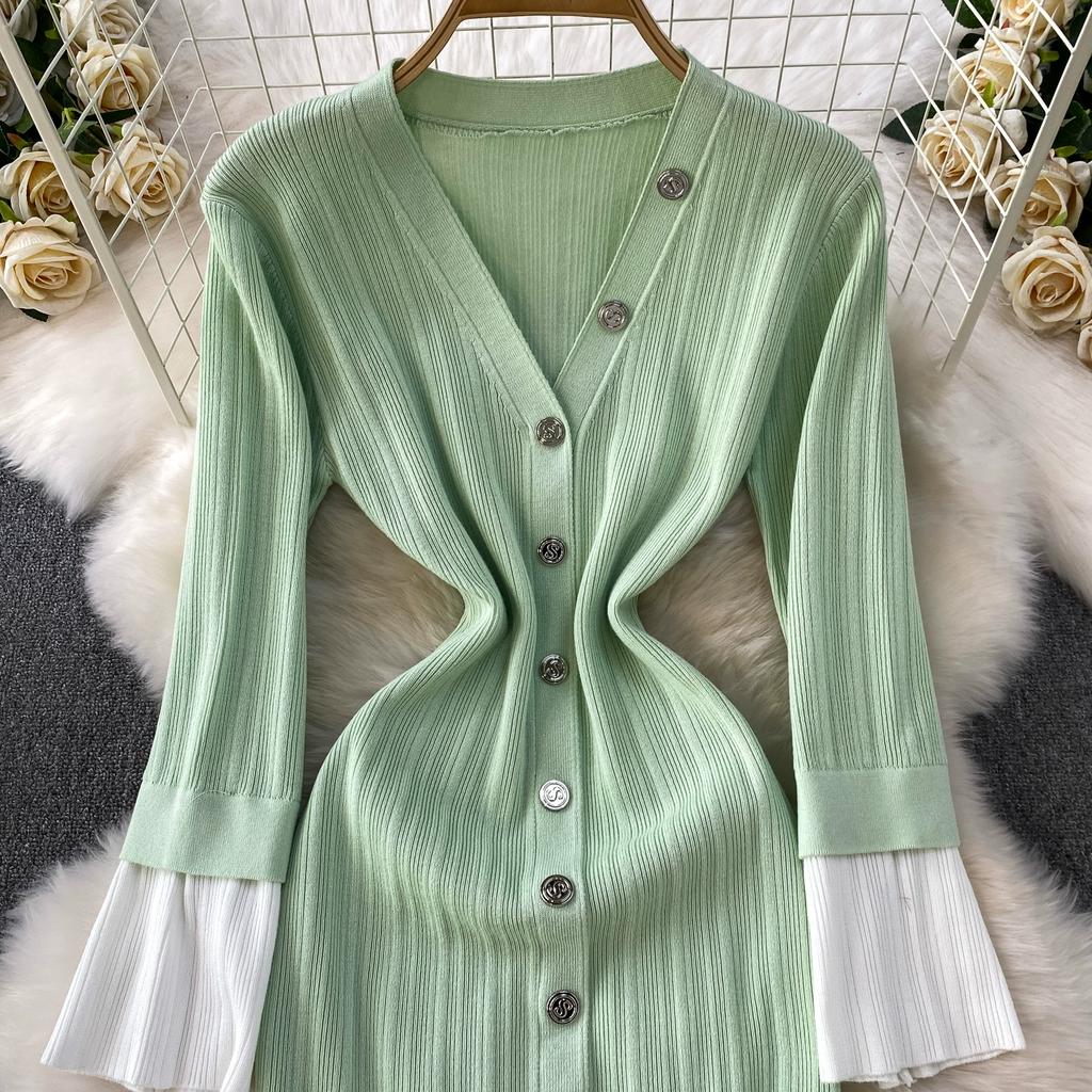 Autumn Winter Women V-neck Full Sleeve Knitted Pullover Sweater Party Long Maxi Mermaid Dresses