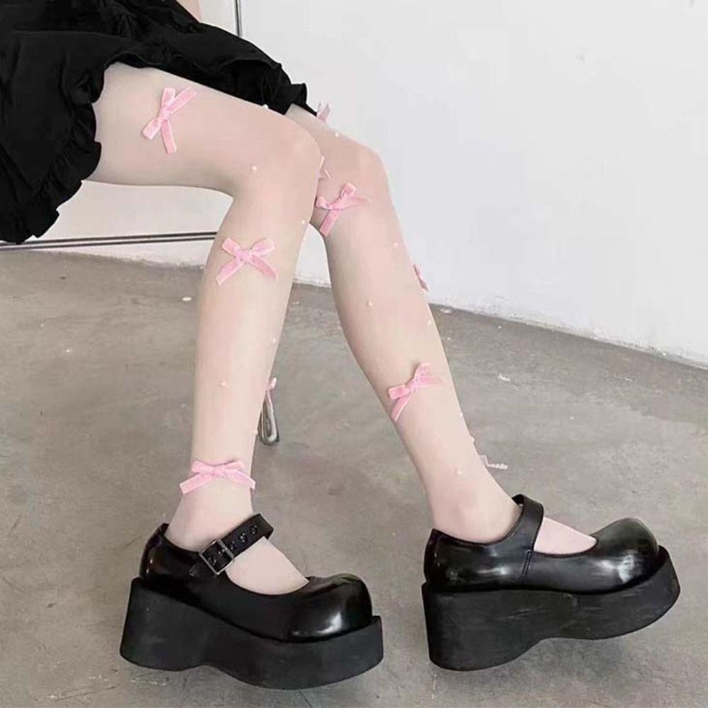 Прозрачные колготки с бантиком и жемчугом, сетчатые леггинсы, женские, в японском стиле JK, Лолита, колготки для дам