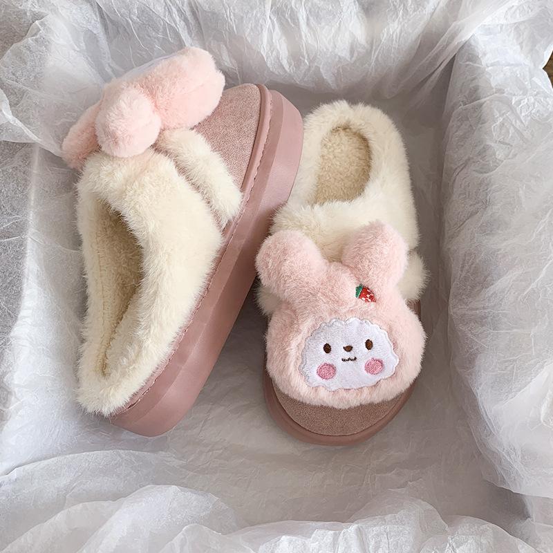 Женские милые мультяшные плюшевые тапочки - Теплые термо хлопковые домашние тапочки на платформе для зимы, Девичьи милые пушистые повседневные комнатные туфли на толстой подошве