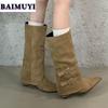Высокие сапоги с острым носком, женские, сексуальные, на высоком каблуке, зимние, замшевые, зимние, туфли на танкетке, дизайнерские, 2025 года, тренд, средняя длина голени, Botas Mujer