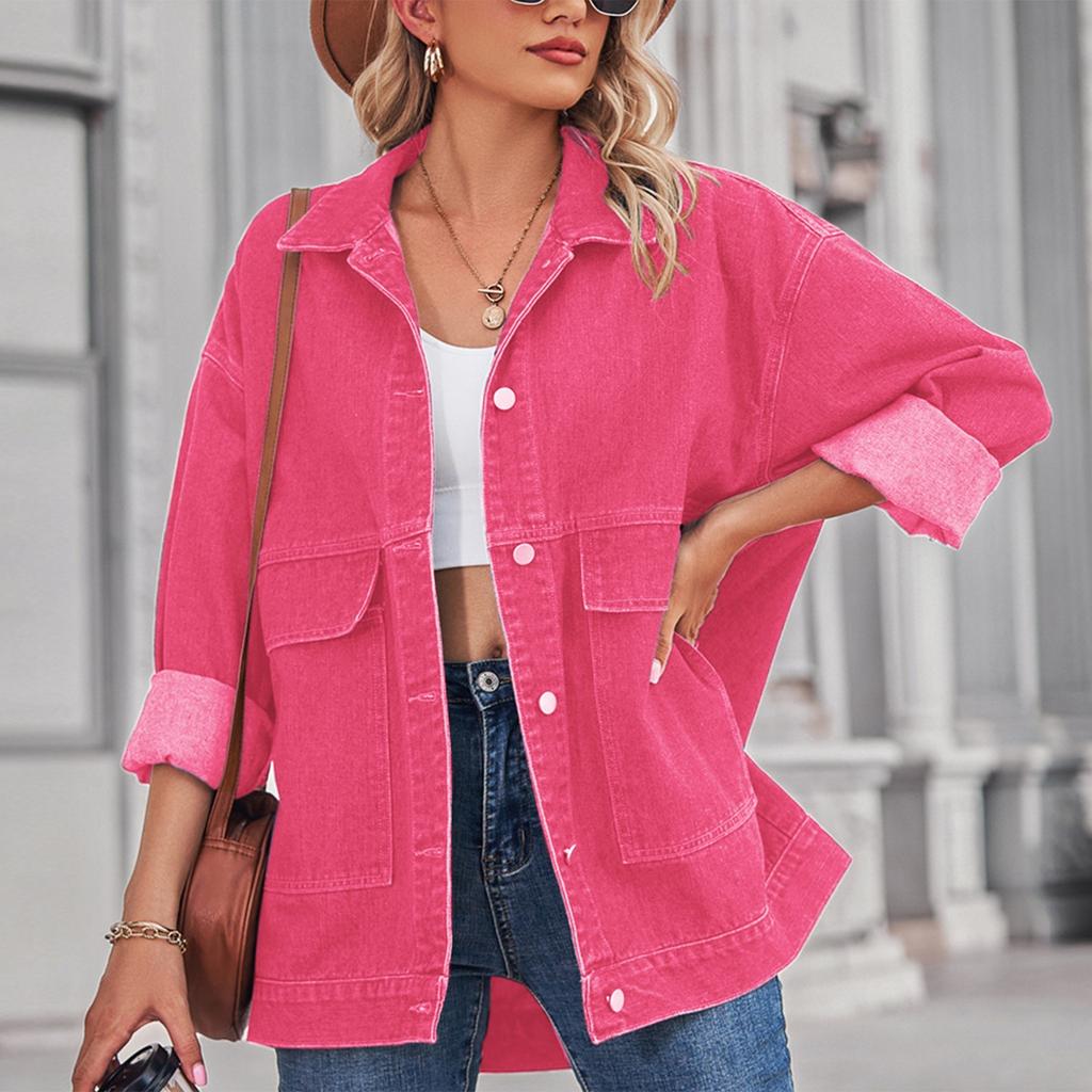 Women's Fashionable Versatile Classic Retro Solid Color Lapel Long Sleeved Pocket Loose Denim Jacket