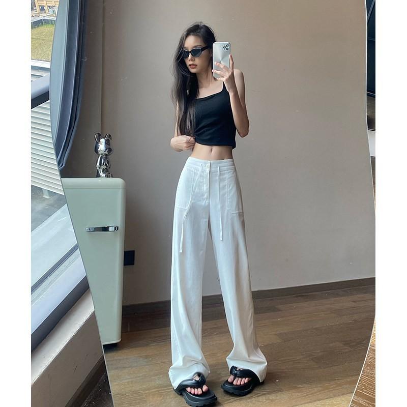 Women High Waist Wide Leg Pants Solid Gray Business Casual Trousers Straight Loose Office Daily Pants