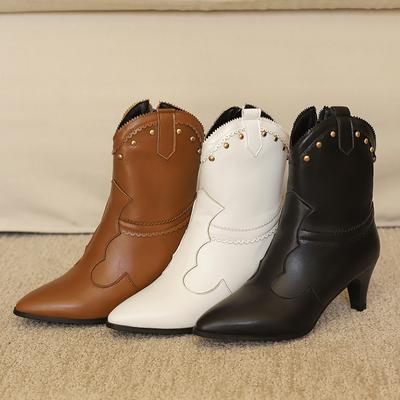 Женские короткие сапоги на высоком каблуке, осень и зима, новые, остроносые, однотонные, большие размеры, короткие сапоги