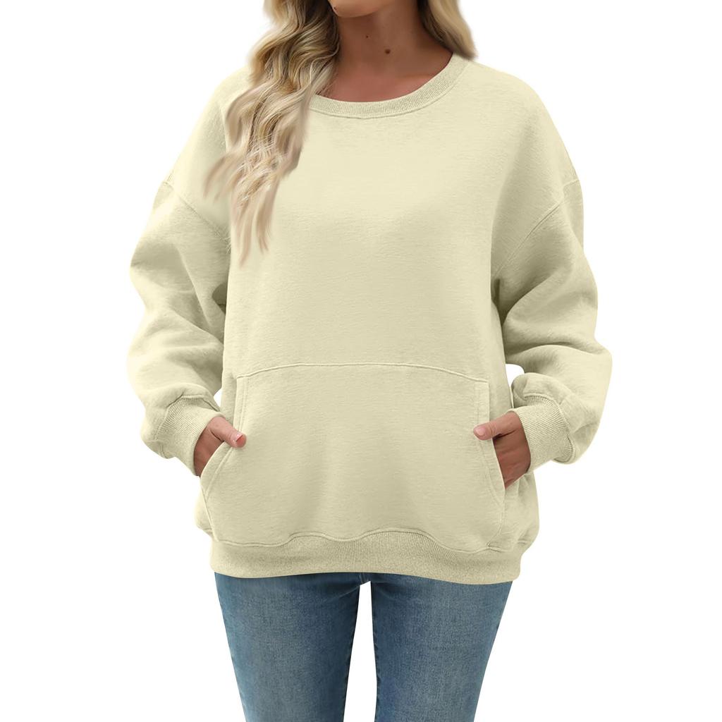 Women's Casual Fashion Long Sleeve Solid Color Round Neck Sweatshirt Top With Pocket