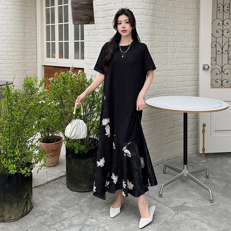 Женские платья весна-лето больших размеров из черного атласа в стиле пэчворк с жаккардом и короткими рукавами в китайском стиле