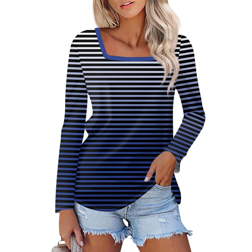 Рубашка для женщин, модная повседневная свободная футболка с квадратным вырезом и длинным рукавом с принтом, женский топ