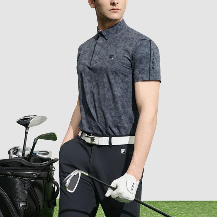 Fila Golf Series All Over Print Casual Short Sleeve Polo Shirt Men Polo Shirts Deep-Black A11M315107F-BK