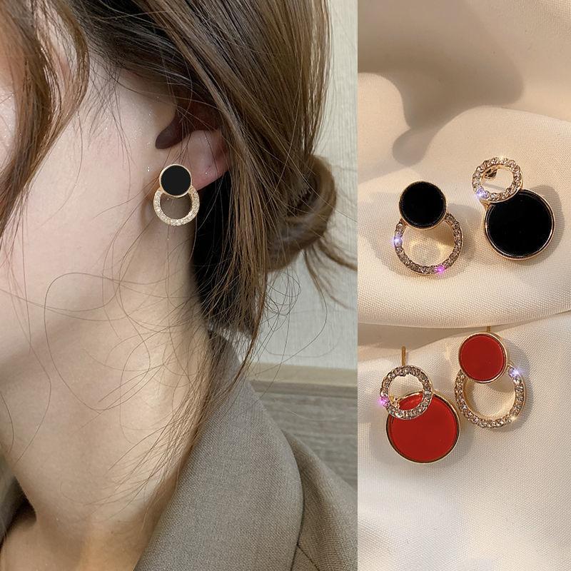 Геометрический красный, черный и красный двухцветный круг, персонализированные серьги-гвоздики, женский маленький и простой темперамент, серьги с холодным ветром, тренд
