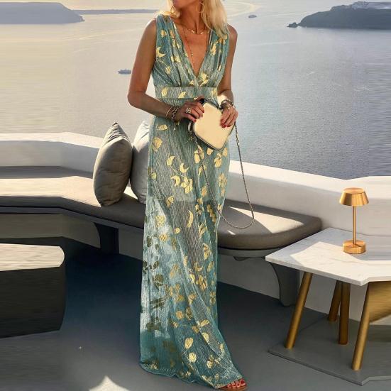 Party Dress Sleeveless High-waisted Quick Drying Stylish Summer Bronzing Pattern Gown Long Dress Female Clothing