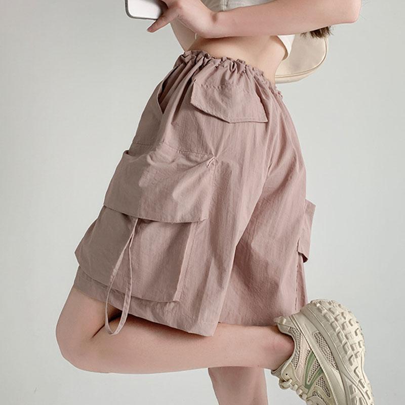 Women Summer Drawstring Big Pocket Breathable Quick-Dry High-Waisted Wide-Leg Cargo Shorts