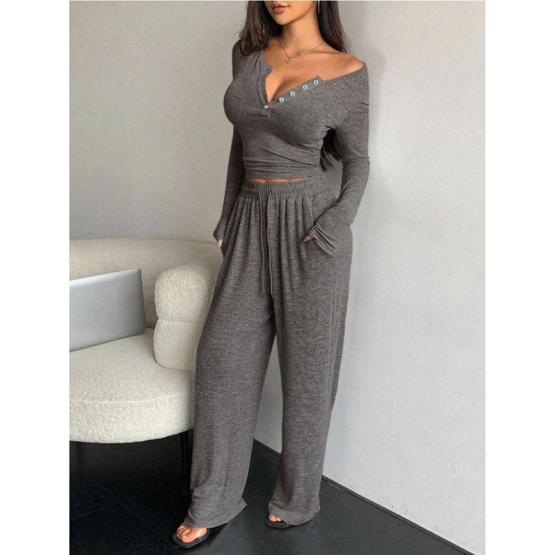 JKASHDK Женская мода повседневная весна осень однотонный принт длинный рукав V-образный вырез брюки брюки костюмы