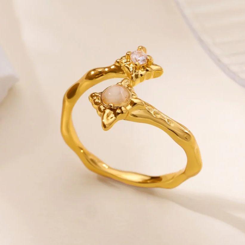 Zircon Flower Rings For Women Gold Double Flower Adjustable Stainless Steel Ring Wedding Party Christmas Jewelry Gift