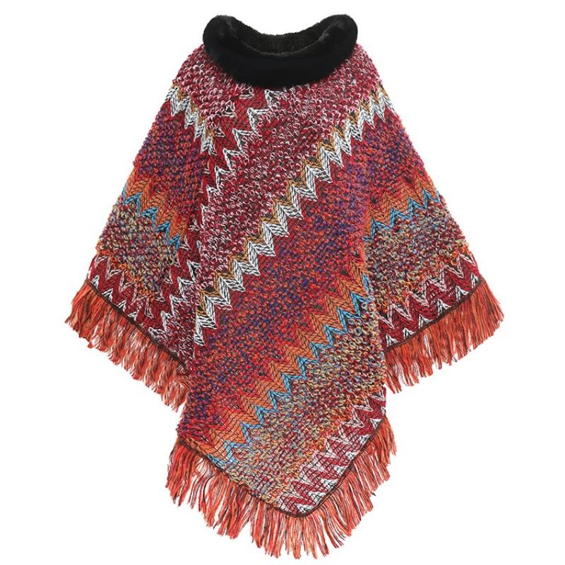 Цветной этнический стиль пуловер накидка женская меховой воротник женская вязаная накидка теплая осенне-зимняя шаль