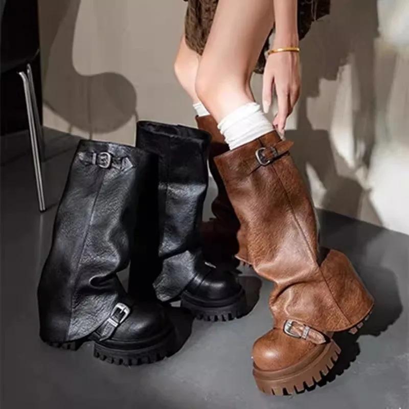 Women High Boots Platform Chunky Fad Buckle Leather Mid Heels Shoes 2025 Trend Designer Knee High Mortorcycle Winter Botas Mujer