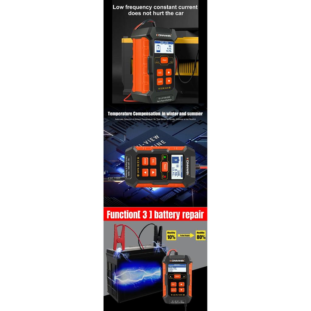 KONNWEI KW520 Automatic Car Truck Battery Tester Charger 12V 10A 24V 5A Lead Ac id AGM Gel Lithium Car Battery Pulse Repair Tool