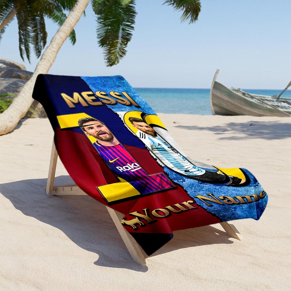 Football Messi Customize Your Name Beach Towel Soft Durable Quick-Dry Suitable for Swimming Gym Camping Yoga Vacation