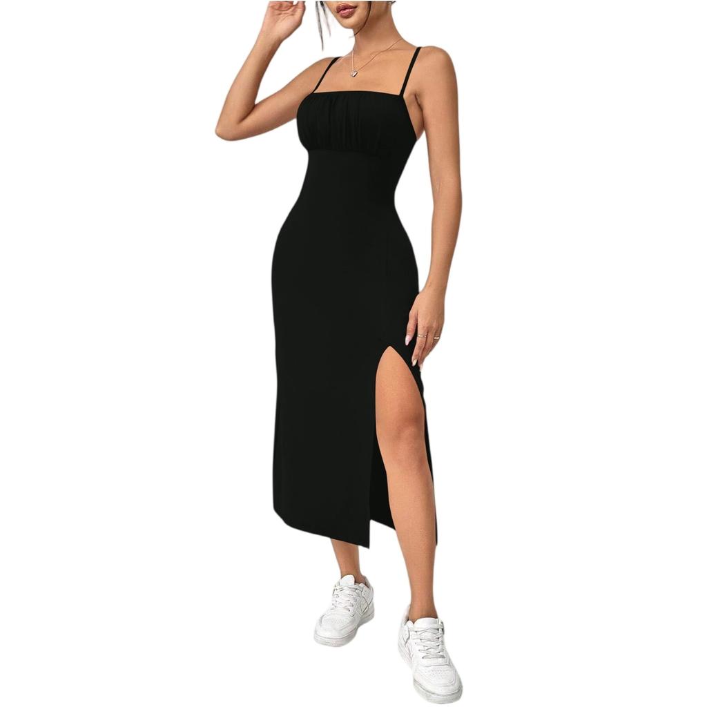 Женское летнее регулируемое платье-миди без рукавов на тонких бретельках с высокой талией и разрезом