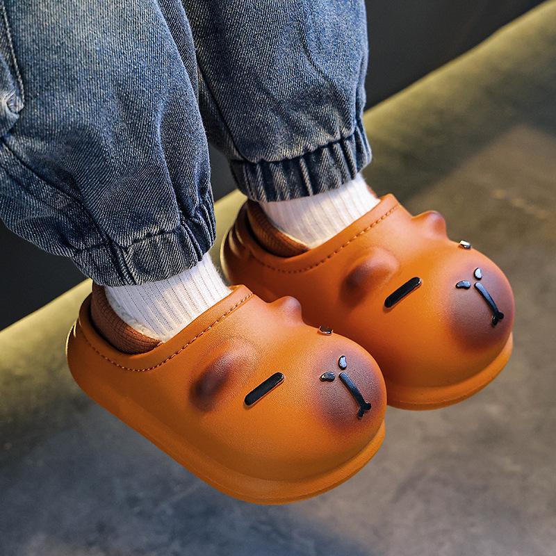 Capybara Kids' Winter Cartoon Cotton Slippers: Soft, Non-slip Indoor Shoes for Boys with Funny Step-on Design