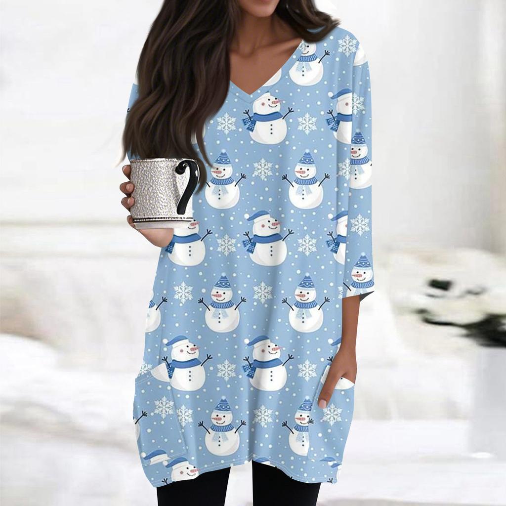 Женские топы с V-образным вырезом и рукавом 3/4, повседневные блузки средней длины, модные туники с рождественским принтом и карманами