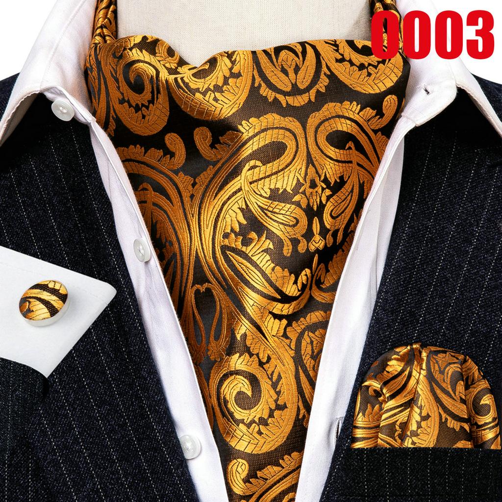 Barry.Wang Ascot Tie for Men Black&Gold Woven Silk Paisley Floral Cravat Pocket Square Cufflinks Set